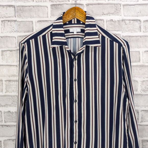 REISS Men's Button up Keanu Striped Shirt Blue Stripes 100% Viscose size Medium - Picture 4 of 7